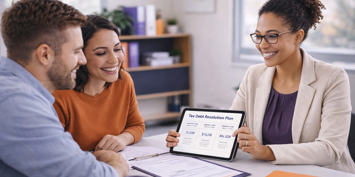 Tax professional consulting with client about debt resolution